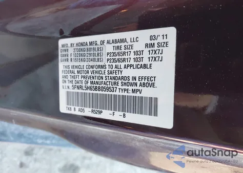 2011 Honda Odyssey Ex-L из США, поврежденный, VIN 5FNRL5H65BB059537